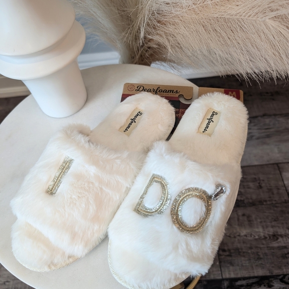 Dearfoams Cream Plush Slippers with Open Back - Picture 1 of 4